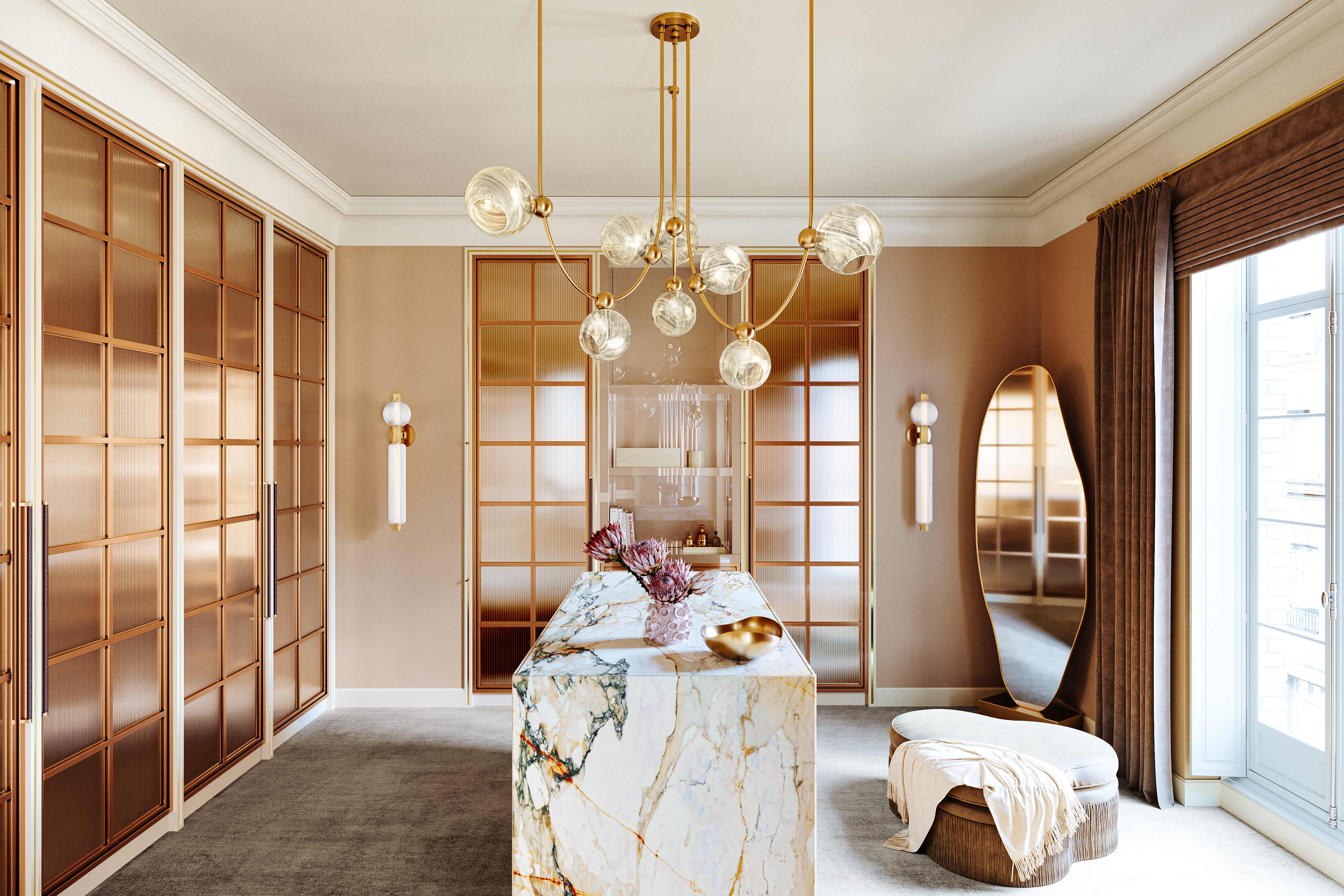 Large closet with marble counter and swooping astraia chandelier by Corbett Lighting