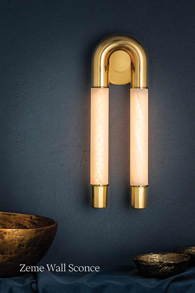 Simple yet exaggerated silhouette with integrated LED light, etched cloud glass, and Vintage Polished Brass finish.