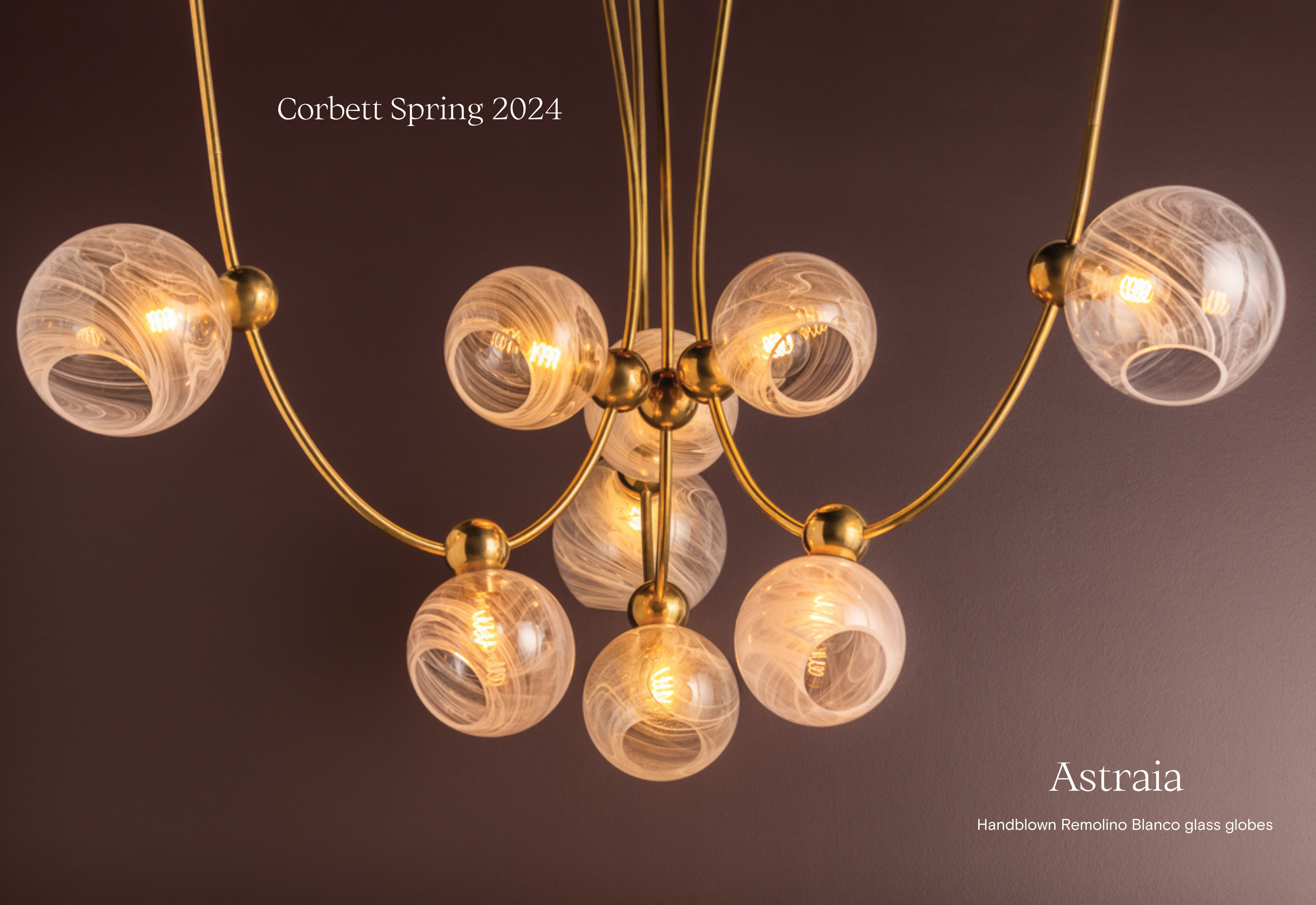 Large astraia chandelier by Corbett Lighting featuring round alabaster globes